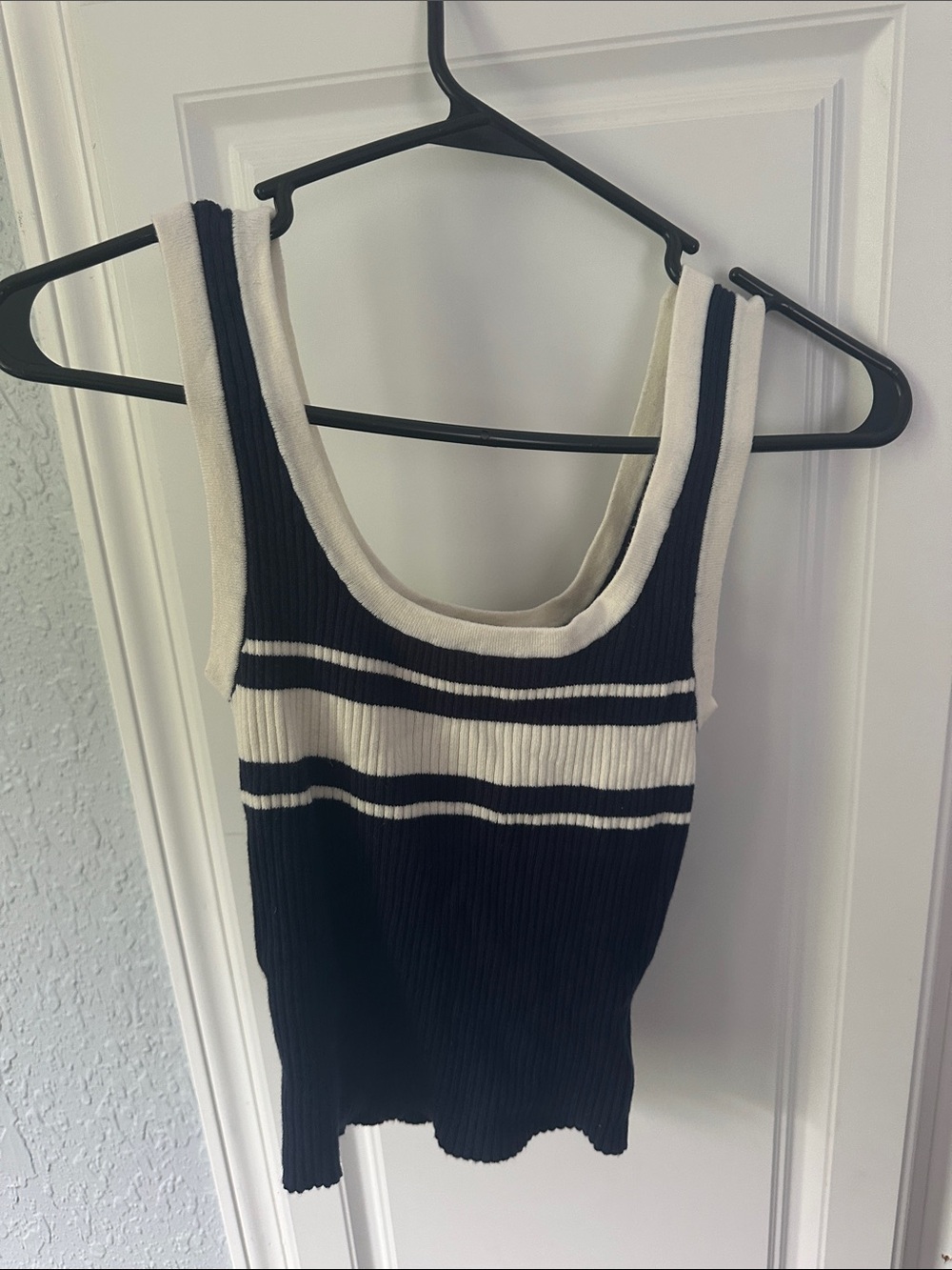 Women’s Ribbed Tank Top with Contrast Stripes - Navy & Cream